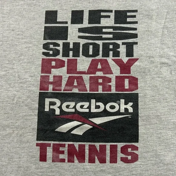 Vintage 90s Reebok Single Stitch Life Is Short Play Hard Tennis Tee Unis… - Picture 7 of 13